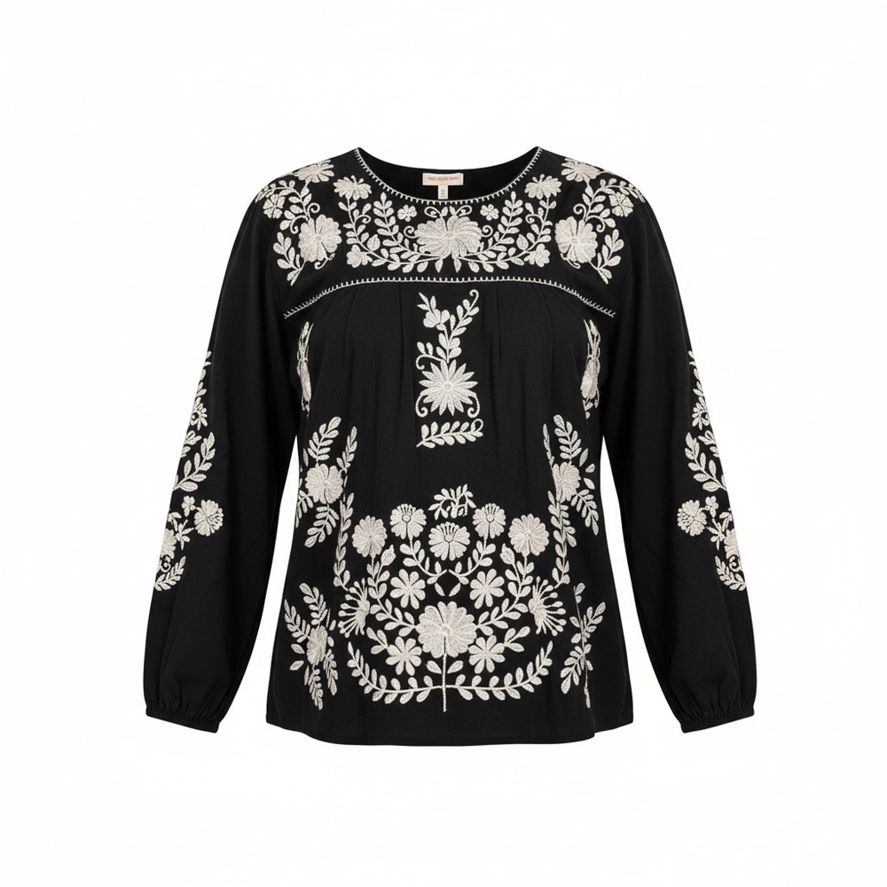 Layerz Clothing Black Long Sleeve Boho Blouse w White Floral Embroidery Size M
